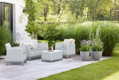 Keter SCANDI FORMA kerti bútor szett – 4 személyes, sofa + 2 fotel + tárolós asztal, Ash grey / Storm grey