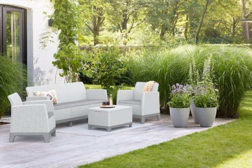 Keter SCANDI FORMA 3 személyes kerti bútor szett – 5 fős, sofa + 2 fotel + tárolós asztal, Ash grey / Storm grey