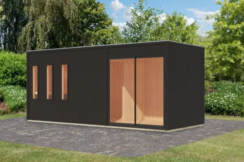 Karibu Monterey kültéri szaunaház előszobával 5 fő részére – kályha nélkül, Fekete színben