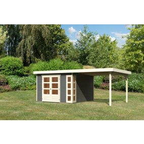   Karibu Kerko 6. Nagyméretű lapostetős kerti ház, modern sarokablakkal, bővítménnyel/terasszal, terra szürke színű  fából 522 cm x 306 cm