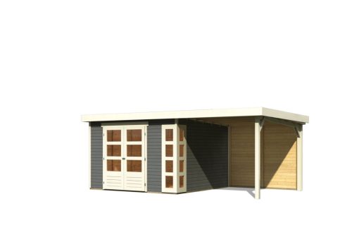Karibu Kerko 6. Nagyméretű lapostetős kerti ház, modern sarokablakkal, hátfallal rendelkező bővítménnyel/terasszal,terra szürke színű fából 522 cm x 306 cm