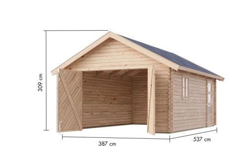 Karibu 38 mm-es fa garázs, nyeregtetős rönkház,  387 cm x 537 cm