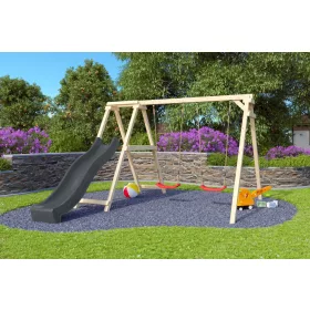   Karibu Felix kétszemélyes fa hinta mászókával, antracit csúszdával, 308 cm x 264 cm