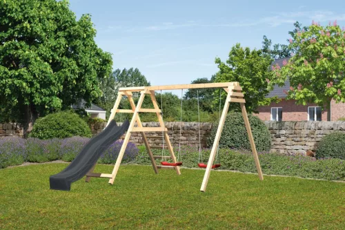 Karibu Felix kétszemélyes fa hinta mászókával, antracit csúszdával, 308 cm x 264 cm