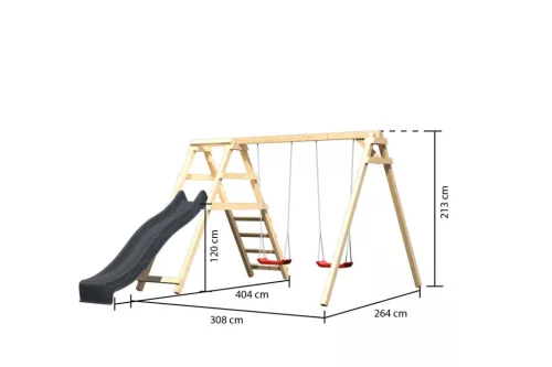 Karibu Felix kétszemélyes fa hinta mászókával, antracit csúszdával, 308 cm x 264 cm