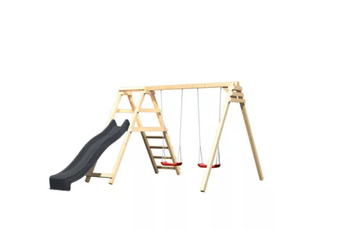 Karibu Felix kétszemélyes fa hinta mászókával, antracit csúszdával, 308 cm x 264 cm