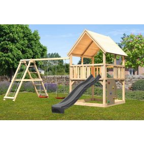   Karibu Luis 2. Játszótorony antracit csúszdával, dupla hintával, mászókával, mászófallal, létrával