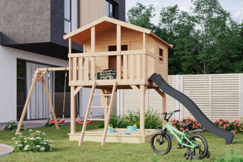 Karibu Benjamin 2. cölöpös fa játszóház, kültéri kerti játszóház létrával, dupla hintával, antracit csúszdával