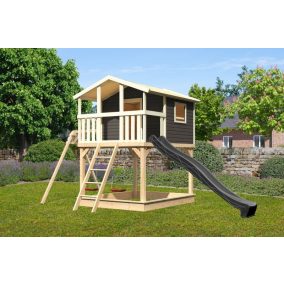   Karibu Benjamin 2. cölöpös fa játszóház, kültéri kerti játszóház létrával, dupla hintával, antracit csúszdával, Terragrau színben