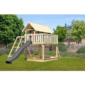   Karibu Fidel 2. cölöpös fa játszóház létrával, kültéri kerti játszóház, antracit csúszdával, dupla hintával, mászókával, Terragrau színben