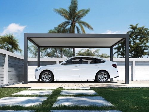 Rojaplast Prestige alumínium autóbeálló, pergola, PU hab szendvicspanel tető, szabadon álló 5,3 x 3 méteres, szürke antracit