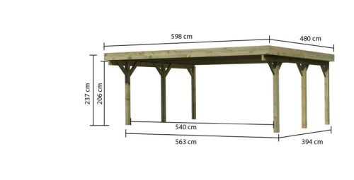 Karibu Classic 1. dupla fa autóbeálló, fedett kocsibeálló, 0,8 mm-es PVC tetőfedő lemezzel, 563 cm × 394,5 cm