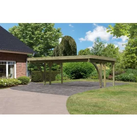   Karibu Classic 1. dupla fa autóbeálló, fedett kocsibeálló, bejárati boltívvel, 0,8 mm-es PVC tetőfedő lemezzel, 563 cm x 284,5 cm