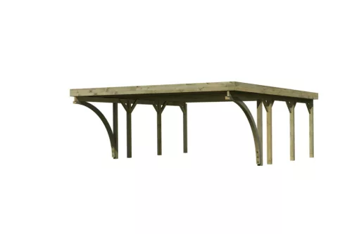Karibu Classic 2. dupla fa autóbeálló, fedett kocsibeálló, bejárati boltívvel, 0,5 mm-es acél tetőfedő lemezzel, 563 cm x 476 cm