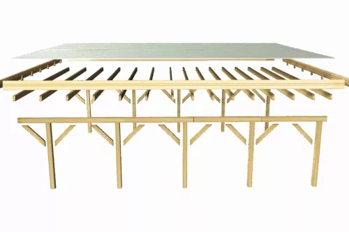 Karibu Classic 2. dupla fa autóbeálló, fedett kocsibeálló, bejárati boltívvel, 0,5 mm-es acél tetőfedő lemezzel, 563 cm x 476 cm