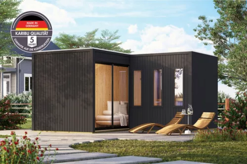 Karibu Paradise nagyméretű kültéri szaunaház 5 fő részére-Fekete színben,  kályha nélkül, előszobával