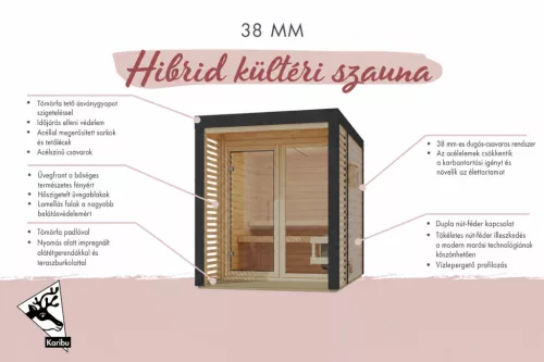 Karibu Ares 4. kültéri szaunakabin 5 fő részére – kályha nélkül, terasszal, előszobával és lamellafallal, szürke színű sarokelemekkel