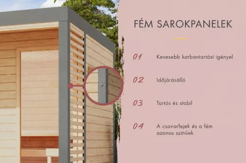 Karibu Ares 4. kültéri szaunakabin 5 fő részére – Antracit színben,kályha nélkül, terasszal, előszobával és lamellafallal, szürke színű sarokelemekkel
