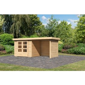   Karibu Askola 3. Lapostetős kerti ház, kerti tároló, oldal- és hátfallal rendelkező bővítménnyel/terasszal, natúr fából 462 cm x 217 cm