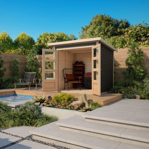 Karibu Stockach 2. kerti ház, kerti tároló, terra szürke színű fából 186 cm x 186 cm