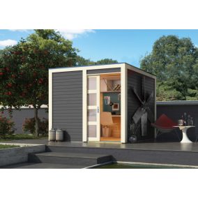   Karibu Qubic 1. Lapostetős modern medenceház, kerti tároló, ház, terra szürke színű fából 246 cm x 246 cm