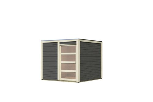 Karibu Qubic 1. Lapostetős modern medenceház, kerti tároló, ház, terra szürke színű fából 246 cm x 246 cm