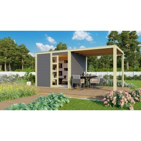   Karibu Qubic 1. Lapostetős modern medenceház, kerti tároló, ház bővítménnyel/terasszal, terra szürke színű fából 485 cm x 246 cm