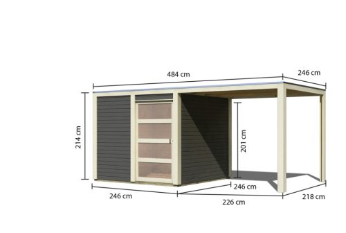 Karibu Qubic 1. Lapostetős modern medenceház, kerti tároló, ház bővítménnyel/terasszal, terra szürke színű fából 485 cm x 246 cm