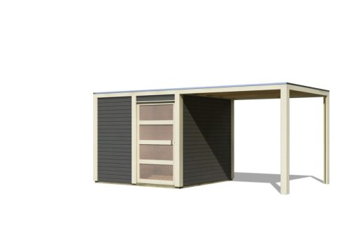 Karibu Qubic 1. Lapostetős modern medenceház, kerti tároló, ház bővítménnyel/terasszal, terra szürke színű fából 485 cm x 246 cm