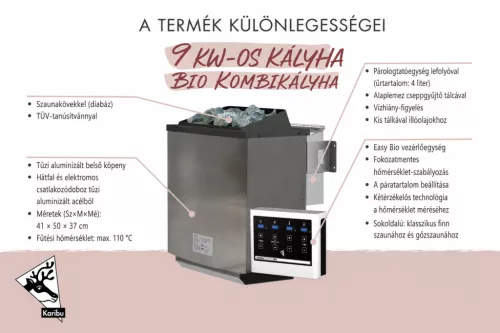Karibu 9 kW-os bio kombi szauna kályha + Easy Bio vezérlőegység + 18 KG szaunakő