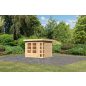   Karibu Kerko 3. Lapostetős kerti ház, modern sarokablakkal, natúr fából 242 cm x 217 cm