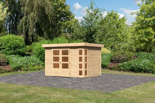 Karibu Kerko 4. Lapostetős kerti ház, modern sarokablakkal, natúr fából 302 cm x 217 cm