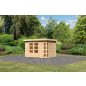   Karibu Kerko 4. Lapostetős kerti ház, modern sarokablakkal, natúr fából 302 cm x 217 cm