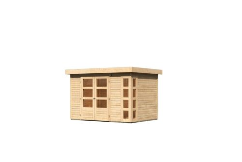 Karibu Kerko 4. Lapostetős kerti ház, modern sarokablakkal, natúr fából 302 cm x 217 cm