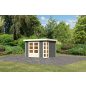  Karibu Kerko 4. Lapostetős kerti ház, modern sarokablakkal, terra szürke színű fából 302 cm x 217 cm