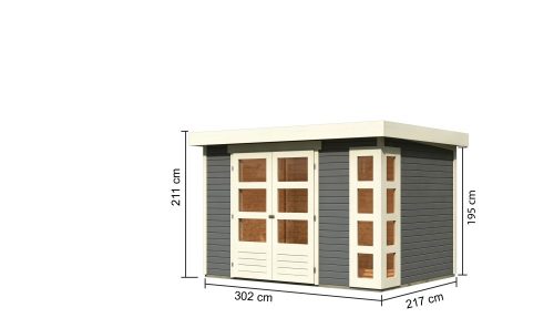 Karibu Kerko 4. Lapostetős kerti ház, modern sarokablakkal, terra szürke színű fából 302 cm x 217 cm