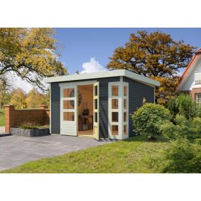   Karibu Kerko 6. Nagyméretű lapostetős kerti ház, modern sarokablakkal, terra szürkeszínű fából 302 cm x 306 cm