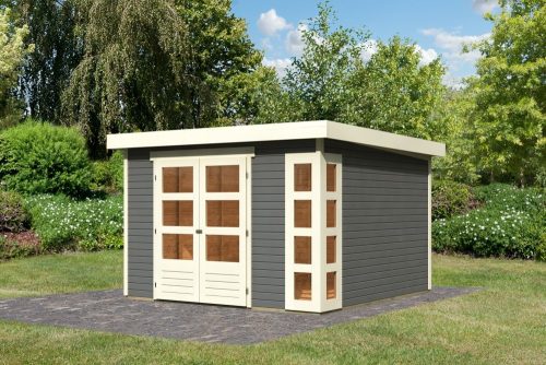 Karibu Kerko 6. Nagyméretű lapostetős kerti ház, modern sarokablakkal, terra szürkeszínű fából 302 cm x 306 cm