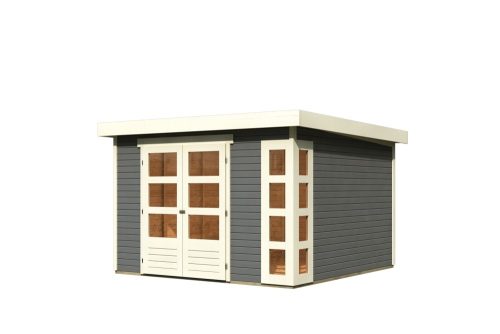 Karibu Kerko 6. Nagyméretű lapostetős kerti ház, modern sarokablakkal, terra szürkeszínű fából 302 cm x 306 cm