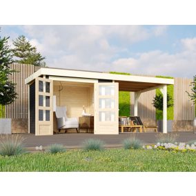   Karibu Kerko 3. Lapostetős kerti ház, sarokablakkal, bővítménnyel/terasszal, terra szürke színű fából 462 cm x 217 cm