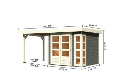 Karibu Kerko 3. Lapostetős kerti ház, sarokablakkal, bővítménnyel/terasszal, terra szürke színű fából 462 cm x 217 cm