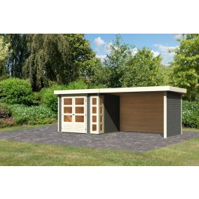   Karibu Kerko 3. Lapostetős kerti ház, sarokablakkal, oldal- és hátfallal rendelkező bővítménnyel/terasszal, terra szürke színű fából 497 cm x 217 cm