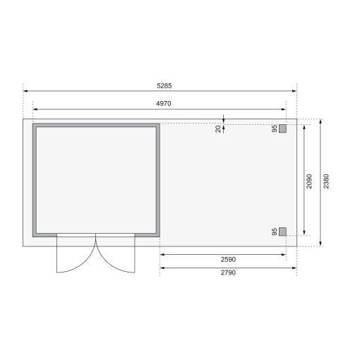 Karibu Kerko 3. Lapostetős kerti ház, sarokablakkal, oldal- és hátfallal rendelkező bővítménnyel/terasszal, terra szürke színű fából 497 cm x 217 cm