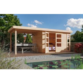   Karibu Kerko 4. Lapostetős kerti ház, modern sarokablakkal, bővítménnyel/terasszal natúr fából 522 cm x 217 cm