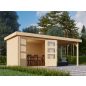   Karibu Kerko 4. Lapostetős kerti ház, modern sarokablakkal, bővítménnyel/terasszal natúr fából 522 cm x 217 cm