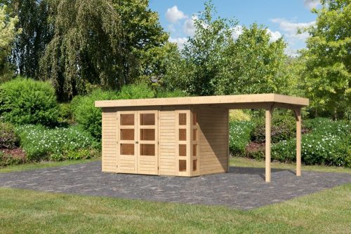 Karibu Kerko 4. Lapostetős kerti ház, modern sarokablakkal, bővítménnyel/terasszal natúr fából 522 cm x 217 cm