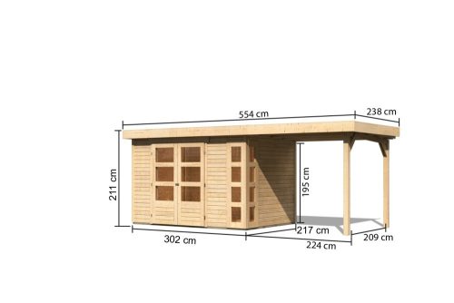 Karibu Kerko 4. Lapostetős kerti ház, modern sarokablakkal, bővítménnyel/terasszal natúr fából 522 cm x 217 cm