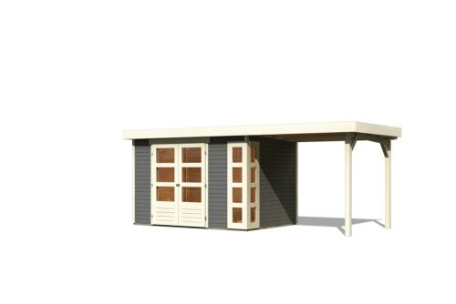 Karibu Kerko 4. Lapostetős kerti ház, modern sarokablakkal, bővítménnyel/terasszal terra szürke színű fából 522 cm x 217 cm