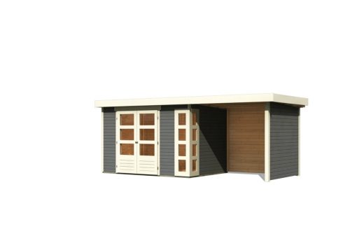 Karibu Kerko 4. Lapostetős kerti ház, modern sarokablakkal, oldal- és hátfallal rendelkező bővítménnyel/terasszal  terra szürke színű fából 522 cm x 217 cm