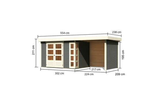 Karibu Kerko 4. Lapostetős kerti ház, modern sarokablakkal, oldal- és hátfallal rendelkező bővítménnyel/terasszal  terra szürke színű fából 522 cm x 217 cm